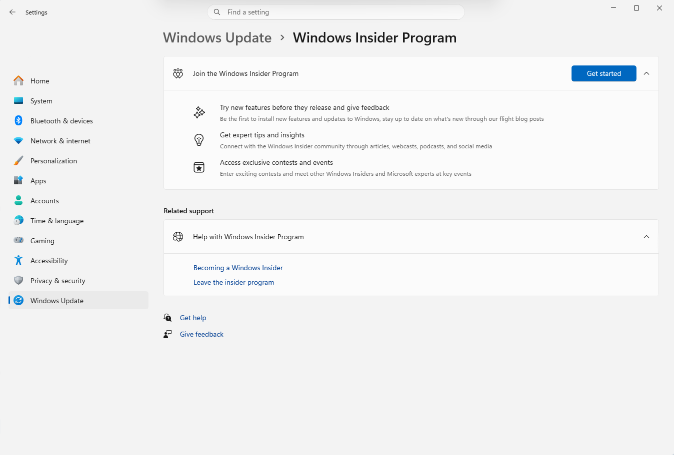 The Windows Insider Program settings page. A "Get started" button is shown, along with information about the program.