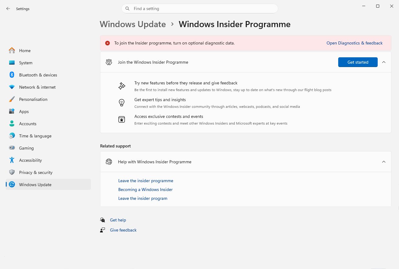 Windows 10's Settings app, opened to the Windows Insider Program screen. The above error message is displayed.