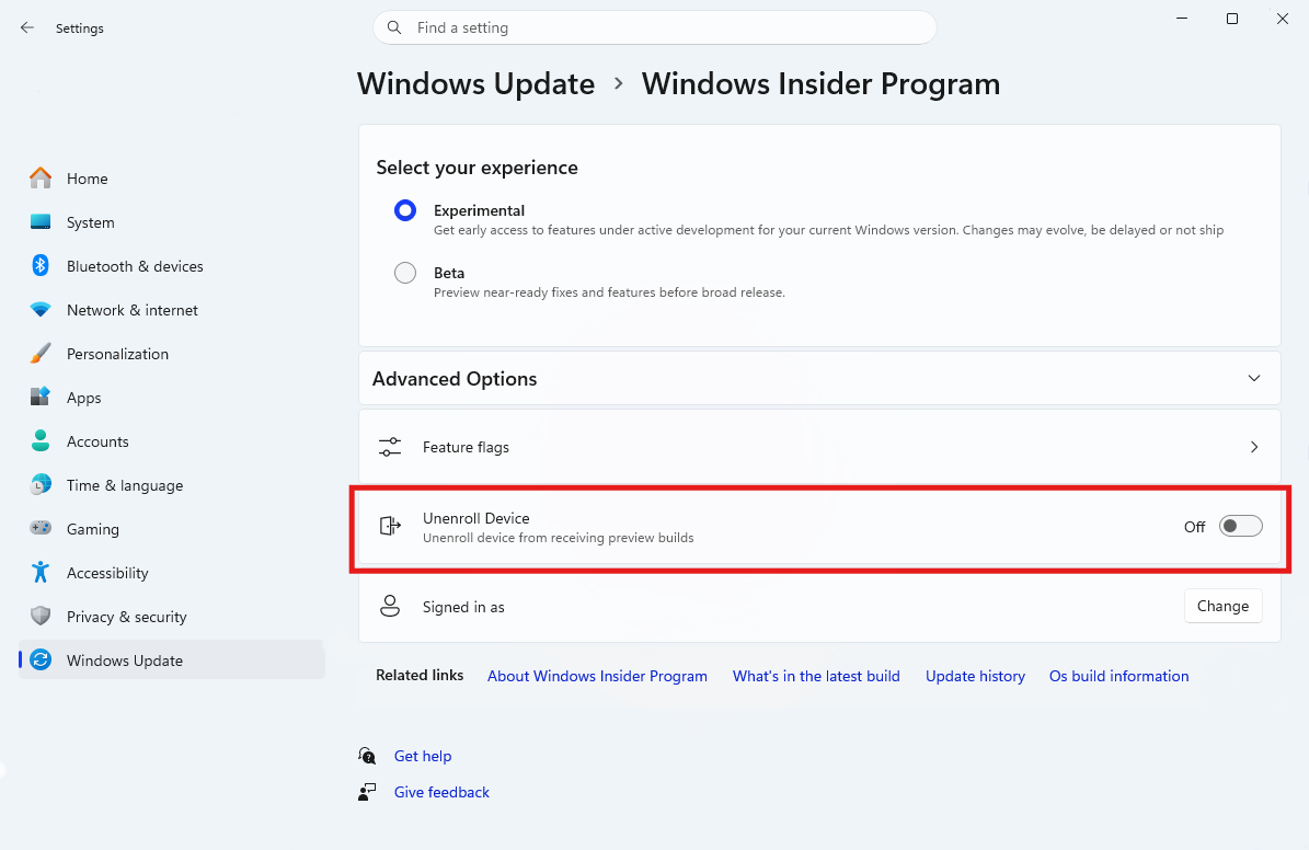 The Windows Insider Program settings page on a computer that is enrolled in the Windows Insider Program.