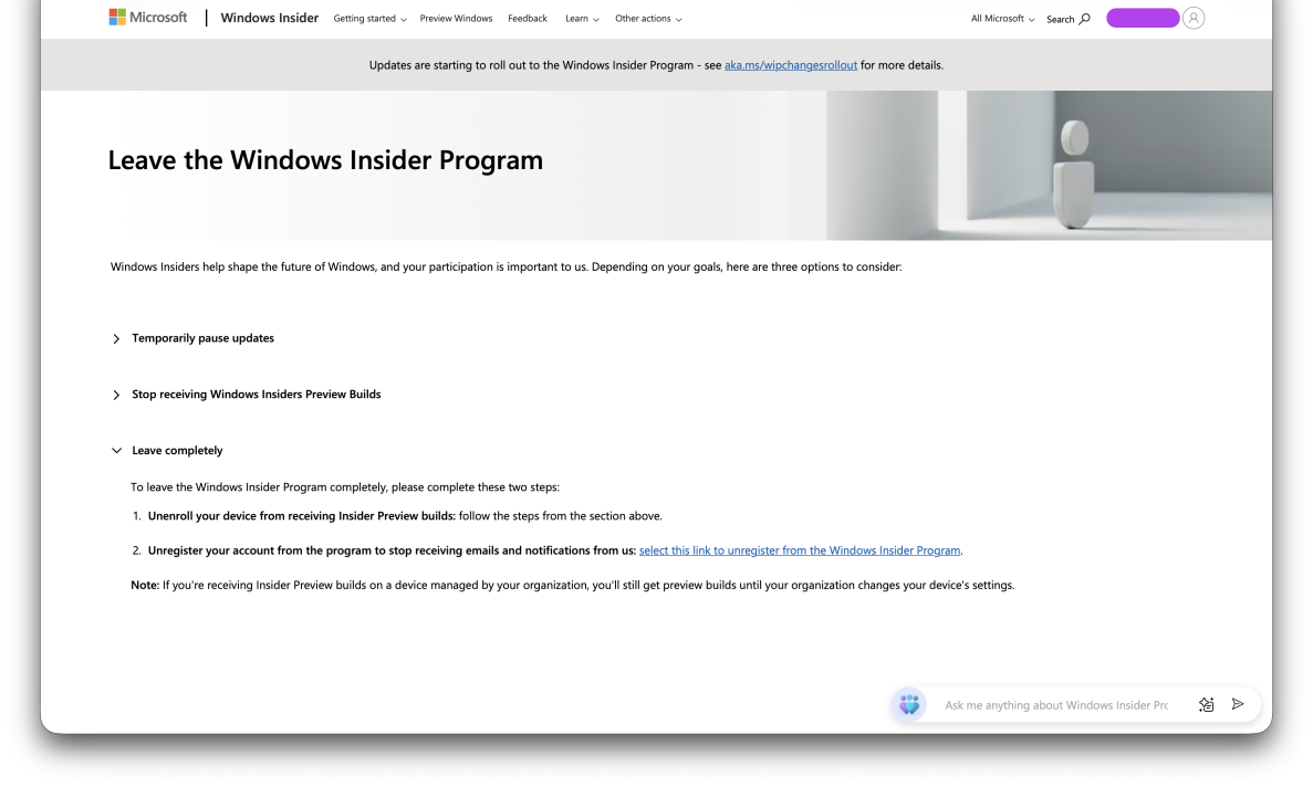 On the Windows Insider Program website, a quick two-sentence explainer describes how you can choose to unregister your Microsoft account from the program, or you can unenroll your device but keep your Microsoft account registered. Below this, there is a "Leave the program now" button.