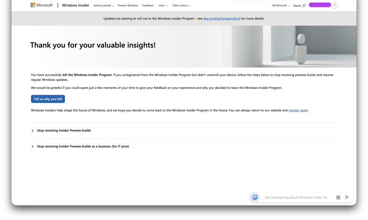 Once you click "Leave the program now", a disclaimer is shown to indicate that if you are receiving Insider Preview builds through work but are not the administrator, you will still continue to get preview builds. Below this, there is a "Stop receiving Insider Preview builds" button.