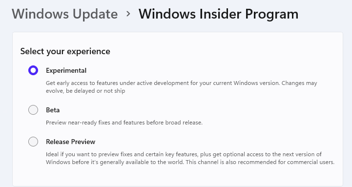 You are prompted to select an Insider channel to join. Each channel is shown with its matching description.
