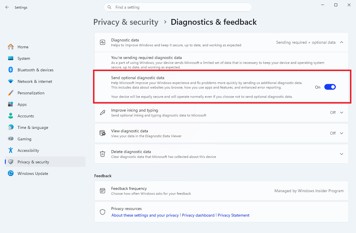 The Diagnostics & feedback section of Windows 10's Settings app. The radio button for "Optional diagnostic data" is selected.