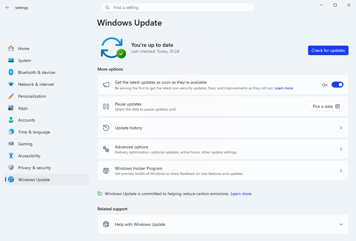 The Windows Update section of Windows 11's Settings app. On the right side, near the bottom of the page, there is a button to open Windows Insider Program settings.